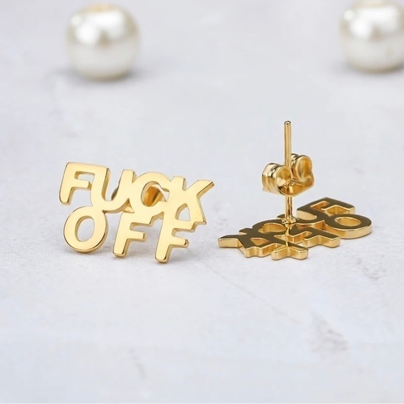 NEW 18K Gold Plated “F*ck Off” Post Stud Earrings Over 316L Stainless Steel - Picture 6 of 6